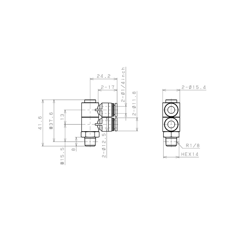 Bản vẽ kỹ thuật Đầu Nối Nhanh Khí Nén Hai Nhánh Cong 90° Thân Lục Giác Trụ Ren Ngoài Pisco PHW1/4-01