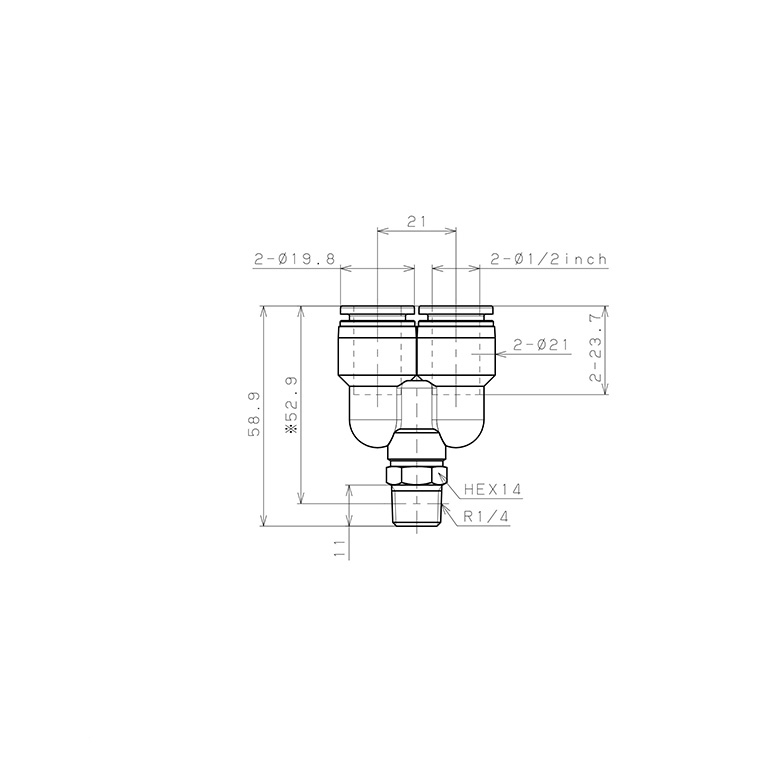 Bản vẽ kỹ thuật Đầu Nối Nhanh Khí Nén Dạng Chữ Y Ren Ngoài Pisco PX1/2-02-C