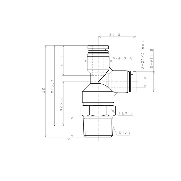 Bản vẽ kỹ thuật Đầu Nối Nhanh Khí Nén Dạng Chữ T Ren Ngoài Pisco PD1/4-03W