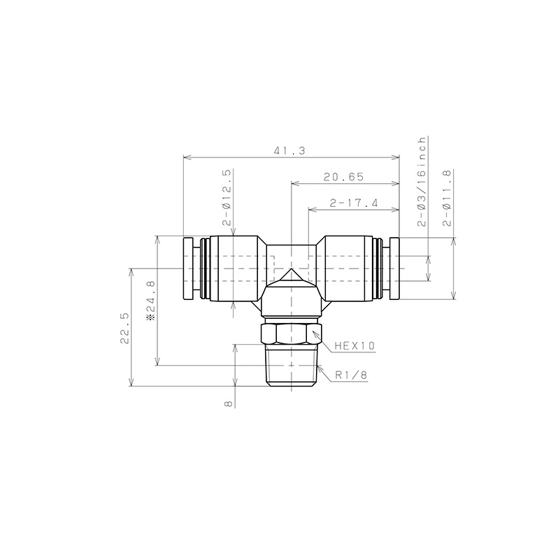 Bản vẽ kỹ thuật Đầu Nối Nhanh Khí Nén Dạng Chữ T Ren Ngoài Pisco PB3/16-01W