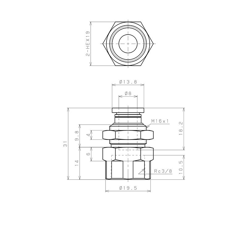 Bản vẽ kỹ thuật Đầu Nối Nhanh Khí Nén Dạng Thẳng Ren Trong Ngoài Pisco PMF8-03