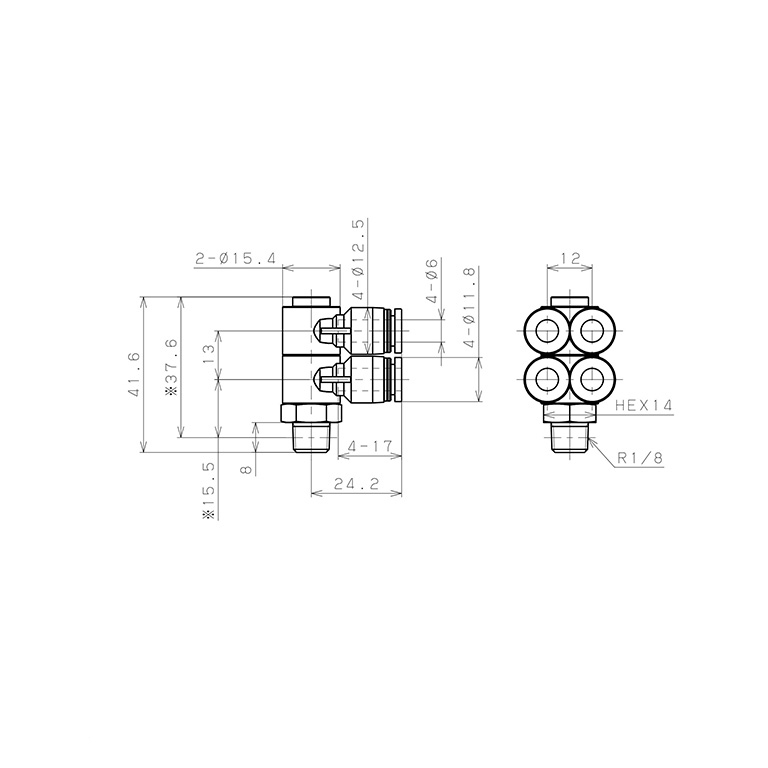Bản vẽ kỹ thuật Đầu Nối Nhanh Khí Nén Bốn Nhánh Cong 90° Thân Lục Giác Trụ Ren Ngoài Pisco PAW6-01-C