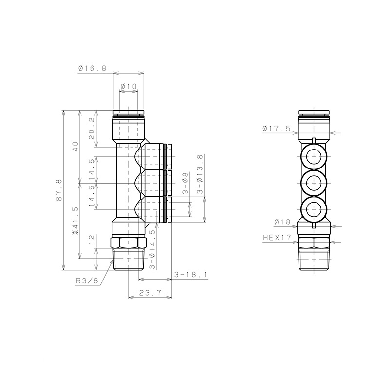 Bản vẽ kỹ thuật Đầu Nối Nhanh Khí Nén Dạng Chữ T Bốn Nhánh Ren Ngoài Pisco PKD10-8-03W
