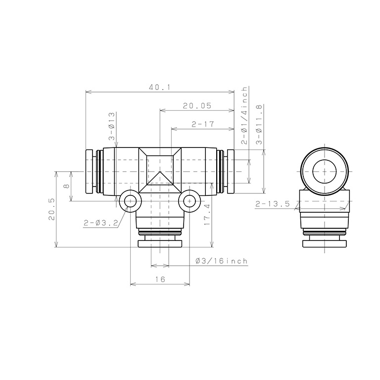 Bản vẽ kỹ thuật Đầu Nối Nhanh Khí Nén Chữ T Dạng Nối Giảm Pisco PEG1/4-3/16-C