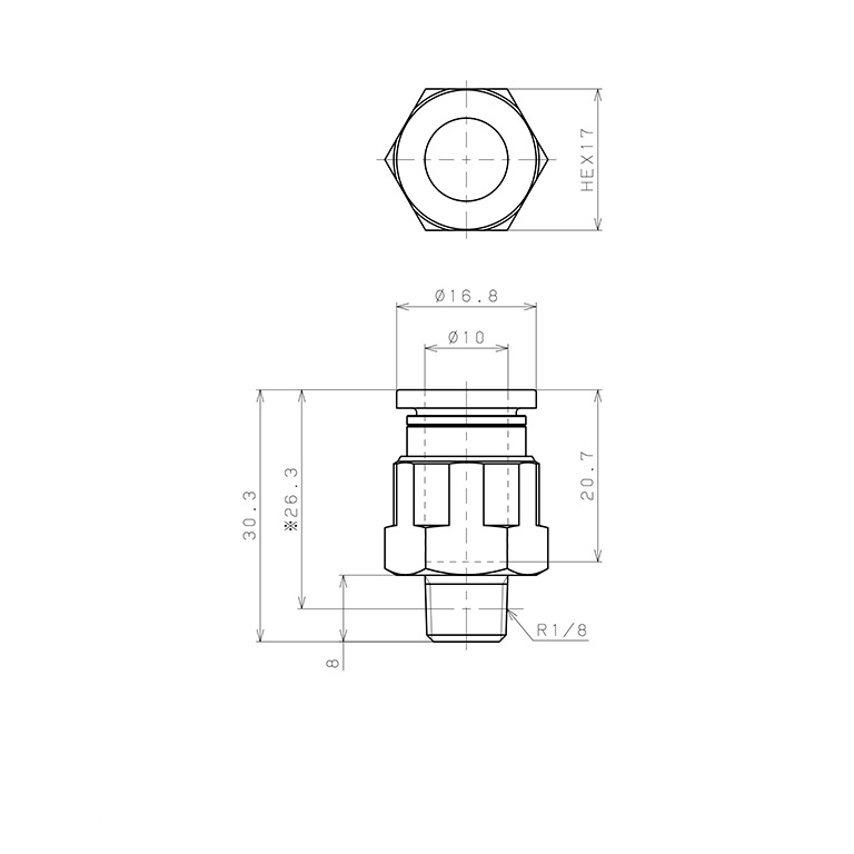 Bản vẽ kỹ thuật Đầu Nối Nhanh Khí Nén Dạng Thẳng Thân Lục Giác Ren Ngoài Pisco PC10-01W