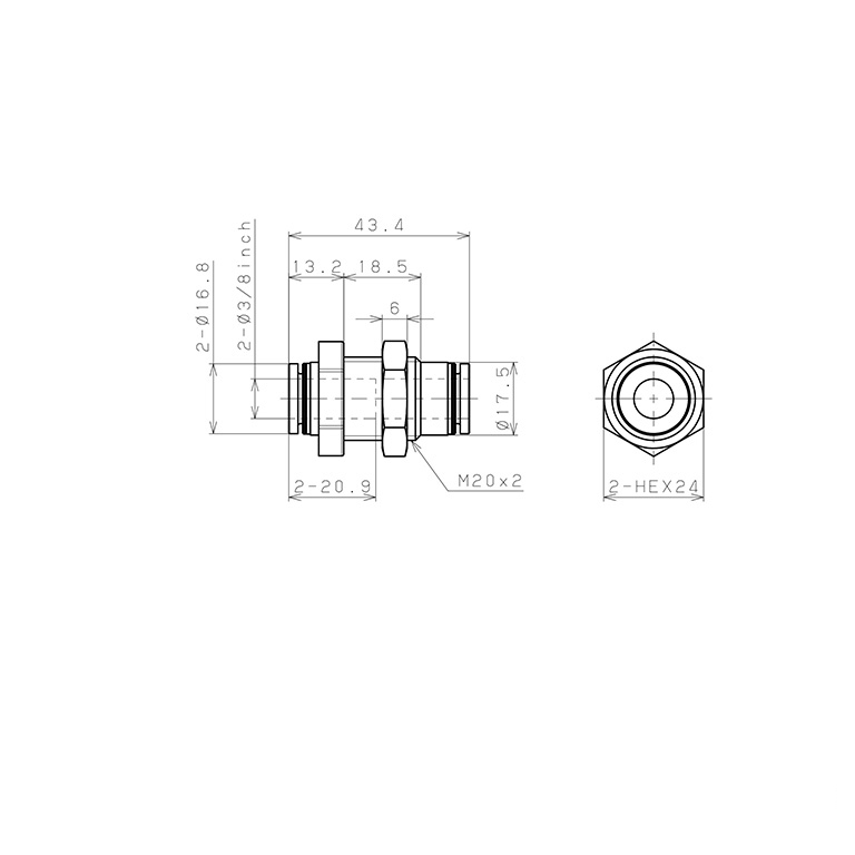 Bản vẽ kỹ thuật Đầu Nối Nhanh Khí Nén Dạng Thẳng Ren Ngoài Lắp Kẹp Vách Pisco PPMP3/8-C
