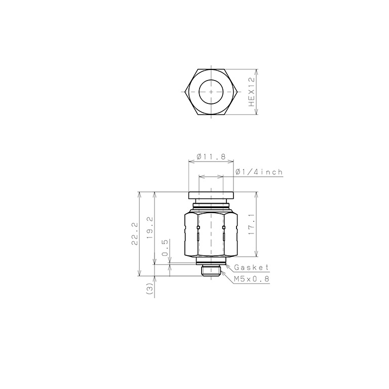 Bản vẽ kỹ thuật Đầu Nối Nhanh Khí Nén Dạng Thẳng Thân Lục Giác Ren Ngoài Pisco PPC1/4-M5SUS-F