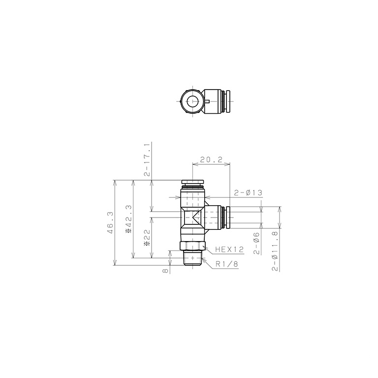 Bản vẽ kỹ thuật Đầu Nối Nhanh Khí Nén Dạng Chữ T Ren Ngoài Pisco PPD6-01-TP-C