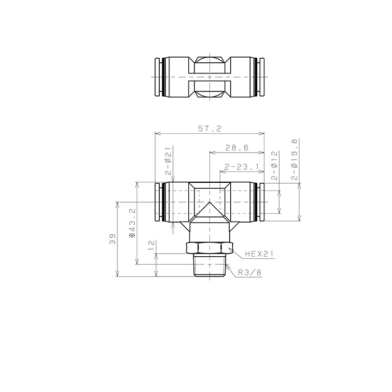 Bản vẽ kỹ thuật Đầu Nối Nhanh Khí Nén Dạng Chữ T Ren Ngoài Pisco PPB12-03SUS-S-C