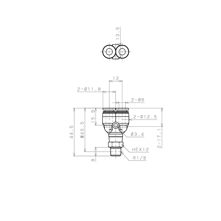 Bản vẽ kỹ thuật Đầu Nối Nhanh Khí Nén Dạng Chữ Y Ren Ngoài Pisco PPX6-01