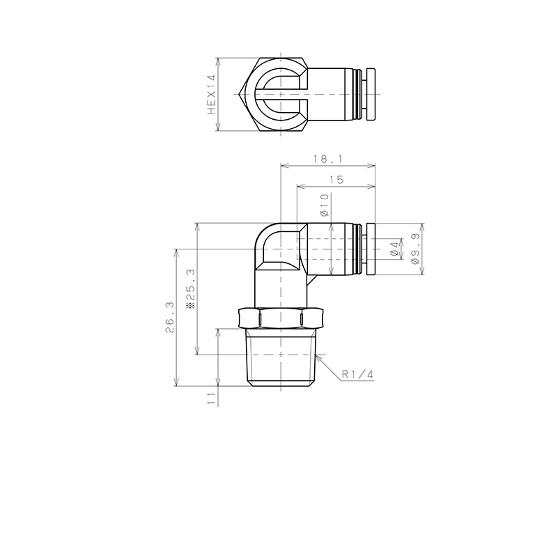 Bản vẽ kỹ thuật Đầu Nối Nhanh Khí Nén Dạng Cong 90° Ren Ngoài Pisco PPL4-02SUS-HN
