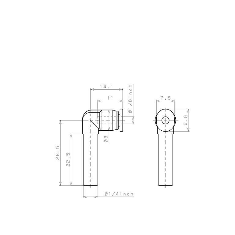 Bản vẽ kỹ thuật Đầu Nối Nhanh Khí Nén Giữa Ống Khí Và Fitting Dạng Nối Giảm Cong 90° Pisco PLGJ1/4-1/8M