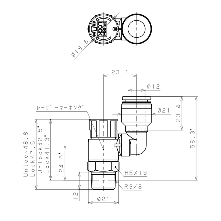 Bản vẽ kỹ thuật Van Tiết Lưu Khí Nén Loại Khóa Đẩy Có Hiển Thị Chỉ Số Pisco JSGS12-03BLW