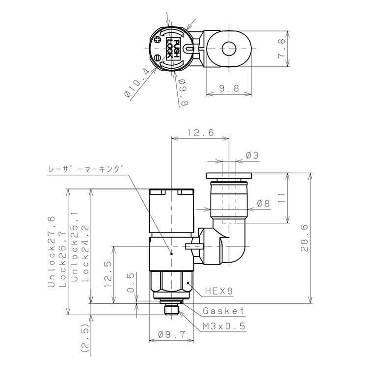 Bản vẽ kỹ thuật Van Tiết Lưu Khí Nén Loại Khóa Đẩy Có Hiển Thị Chỉ Số Pisco JSGS3-M3BW