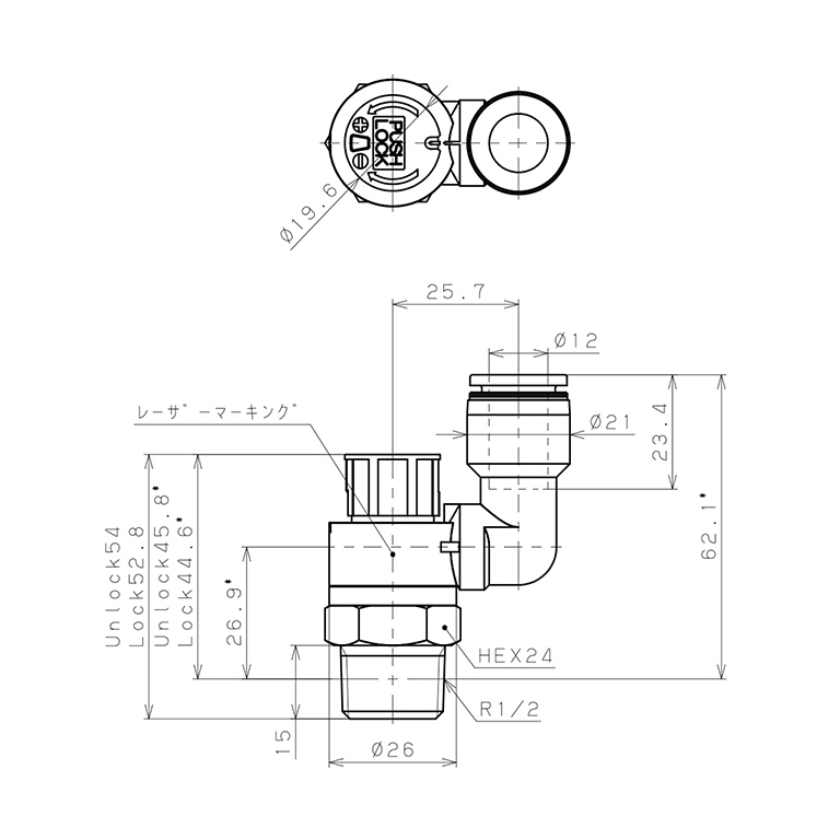 Bản vẽ kỹ thuật Van Tiết Lưu Khí Nén Loại Khóa Đẩy Có Hiển Thị Chỉ Số Pisco JSGS12-04BW