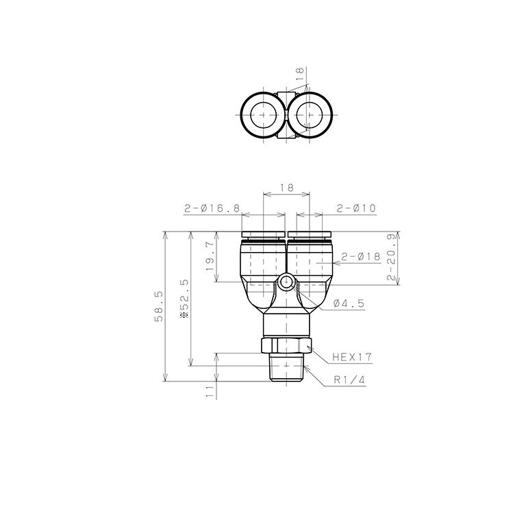 Bản vẽ kỹ thuật Đầu Nối Nhanh Khí Nén Dạng Chữ Y Ren Ngoài Pisco PPX10-02-C