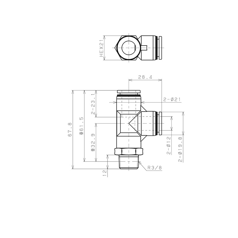 Bản vẽ kỹ thuật Đầu Nối Nhanh Khí Nén Dạng Chữ T Ren Ngoài Pisco PPD12-03SUS-TP