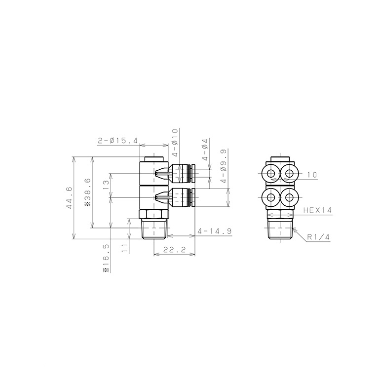 Bản vẽ kỹ thuật Đầu Nối Nhanh Khí Nén Bốn Nhánh Cong 90° Thân Lục Giác Trụ Ren Ngoài Pisco PAW4-02-C