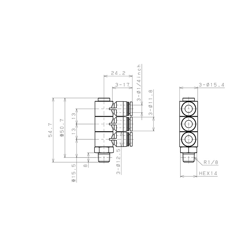 Bản vẽ kỹ thuật Đầu Nối Nhanh Khí Nén Ba Nhánh Cong 90° Thân Lục Giác Trụ Ren Ngoài Pisco PHT1/4-01