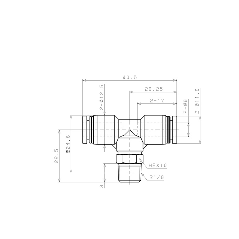 Bản vẽ kỹ thuật Đầu Nối Nhanh Khí Nén Dạng Chữ T Ren Ngoài Pisco PB6-01EG
