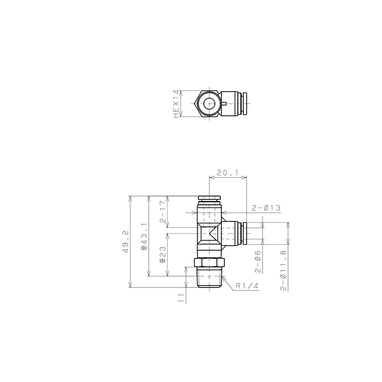 Bản vẽ kỹ thuật Đầu Nối Nhanh Khí Nén Dạng Chữ T Ren Ngoài Pisco SPPD6-02SP