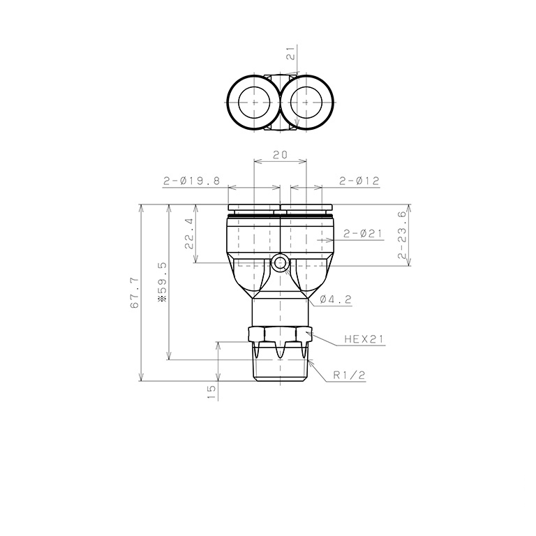 Bản vẽ kỹ thuật Đầu Nối Nhanh Khí Nén Dạng Chữ Y Ren Ngoài Pisco PPX12-04SUS-F-C