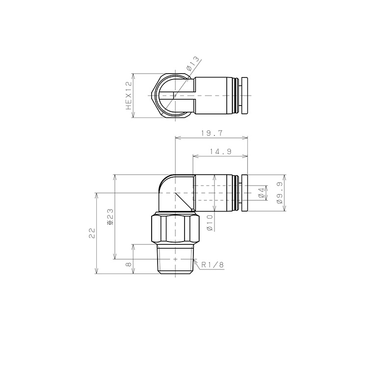 Bản vẽ kỹ thuật Đầu Nối Nhanh Khí Nén Dạng Cong 90° Ren Ngoài Có Khớp Xoay Pisco RL4-01