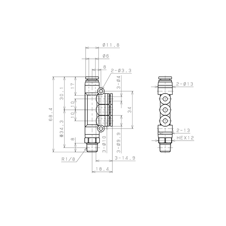 Bản vẽ kỹ thuật Đầu Nối Nhanh Khí Nén Dạng Chữ T Bốn Nhánh Ren Ngoài Pisco SPKD6-4-01