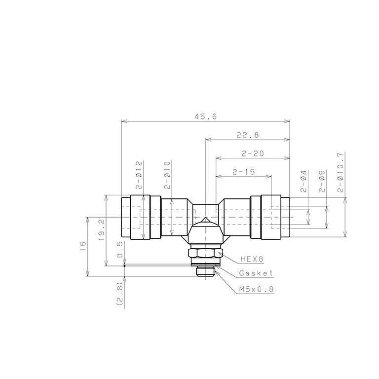 Bản vẽ kỹ thuật Đầu Nối Nhanh Khí Nén Dạng Chữ T Ren Ngoài Pisco PB4-M5V-0