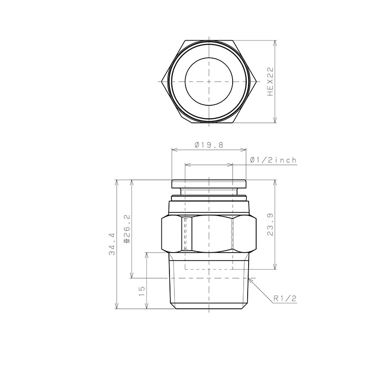 Bản vẽ kỹ thuật Đầu Nối Nhanh Khí Nén Dạng Thẳng Thân Lục Giác Ren Ngoài Pisco PPC1/2-04-UC