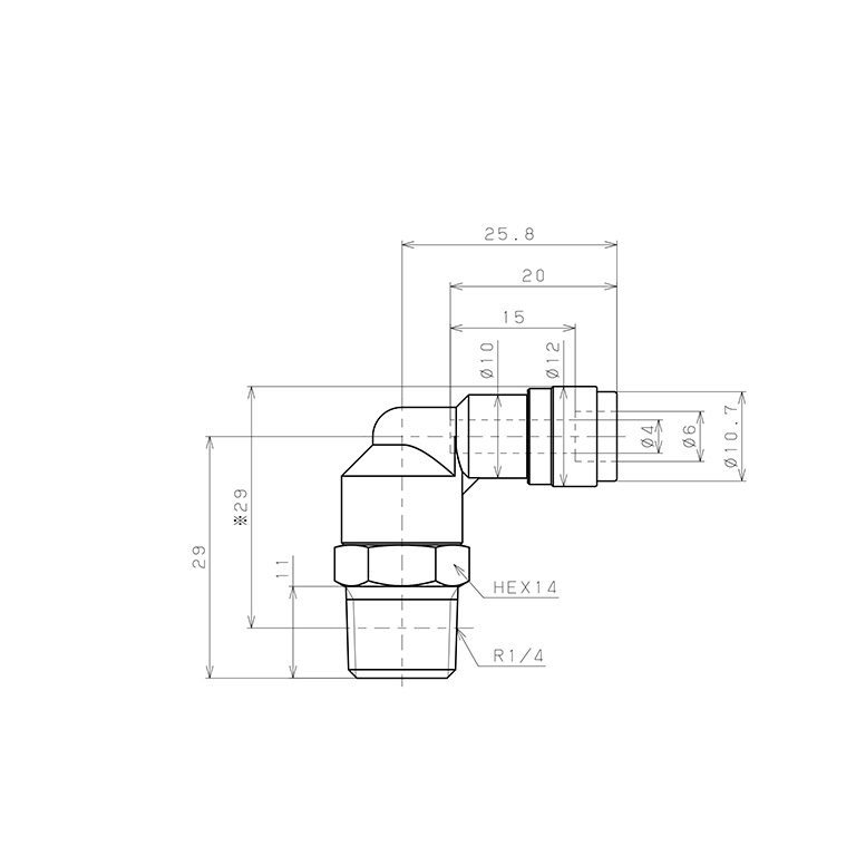 Bản vẽ kỹ thuật Đầu Nối Nhanh Khí Nén Dạng Cong 90° Ren Ngoài Pisco PL4-02V-0