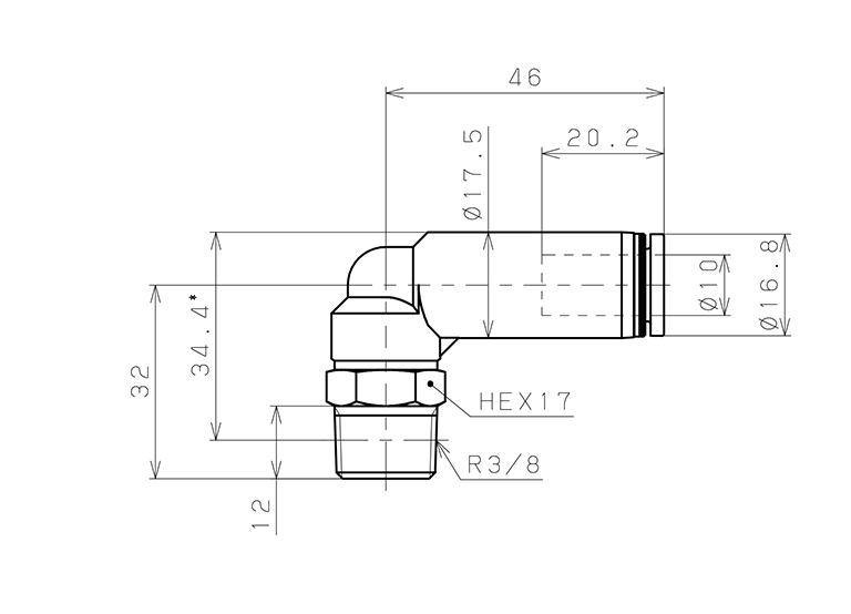 Bản vẽ kỹ thuật Đầu Nối Nhanh Khí Nén Dạng Cong 90° Ren Ngoài Có Van Tự Ngắt Pisco PSL10-03