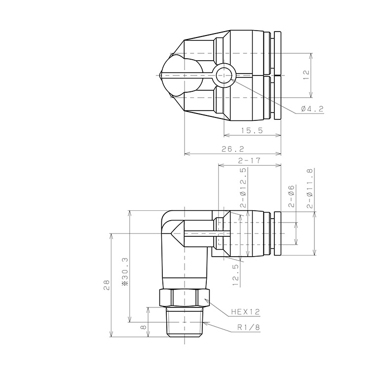 Bản vẽ kỹ thuật Đầu Nối Nhanh Khí Nén Hai Nhánh Cong 90° Ren Ngoài Pisco SPAX6-01