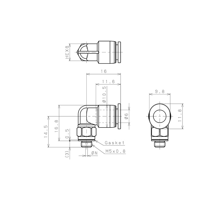 Bản vẽ kỹ thuật Đầu Nối Nhanh Khí Nén Lỗ Trích Khí Nhỏ Pisco PL6-M5M-0.2