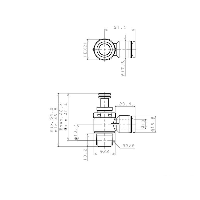 Bản vẽ kỹ thuật Van Tiết Lưu Khí Nén Chân Kim, Nhựa PP Và Inox 304 Pisco PJNC10-03-C