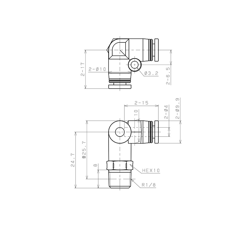 Bản vẽ kỹ thuật Đầu Nối Nhanh Khí Nén Hai Nhánh Chạc Ba Cong 90° Ren Ngoài Pisco PVX4-01SUS