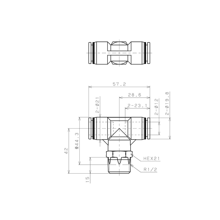 Bản vẽ kỹ thuật Đầu Nối Nhanh Khí Nén Dạng Chữ T Ren Ngoài Pisco PB12-04SUS