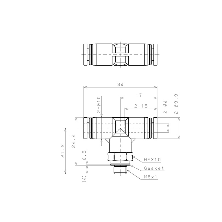 Bản vẽ kỹ thuật Đầu Nối Nhanh Khí Nén Dạng Chữ T Ren Ngoài Pisco PB4-M6SUS