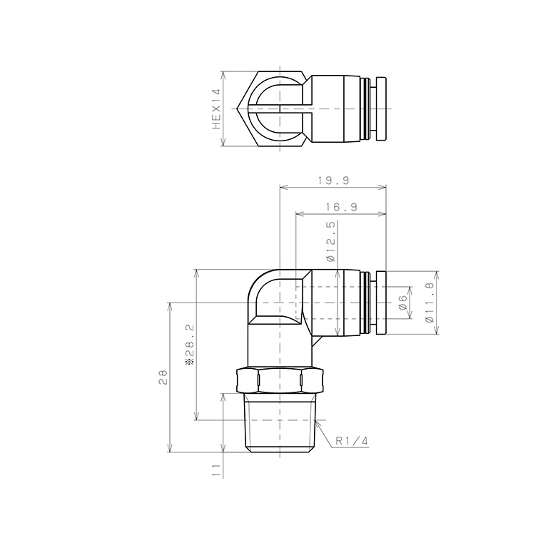 Bản vẽ kỹ thuật Đầu Nối Nhanh Khí Nén Dạng Cong 90° Ren Ngoài Pisco PL6-02SUS