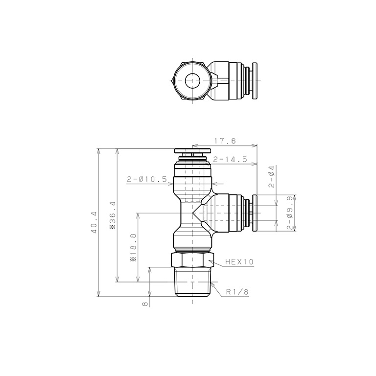 Bản vẽ kỹ thuật Đầu Nối Nhanh Khí Nén Dạng Chữ T Ren Ngoài Pisco KD4-01-1-F