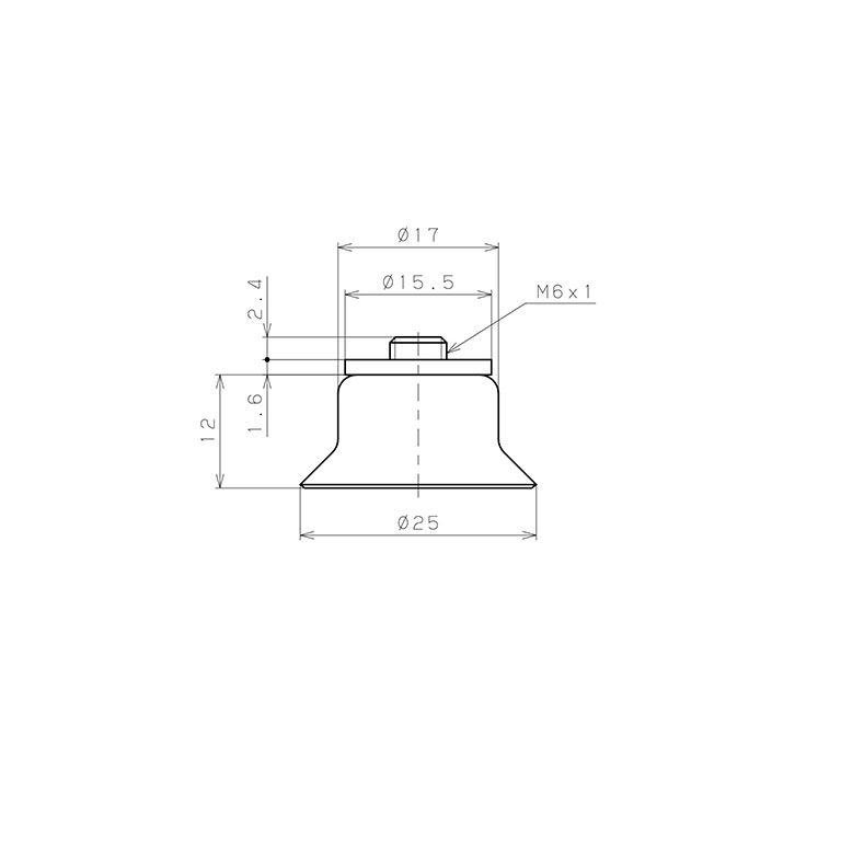 Bản vẽ kỹ thuật Bộ Nấm Hút Chân Không Có Vít Ren, Cao Su Fluoro, O.D 25 mm, Pisco VP25AF-M6