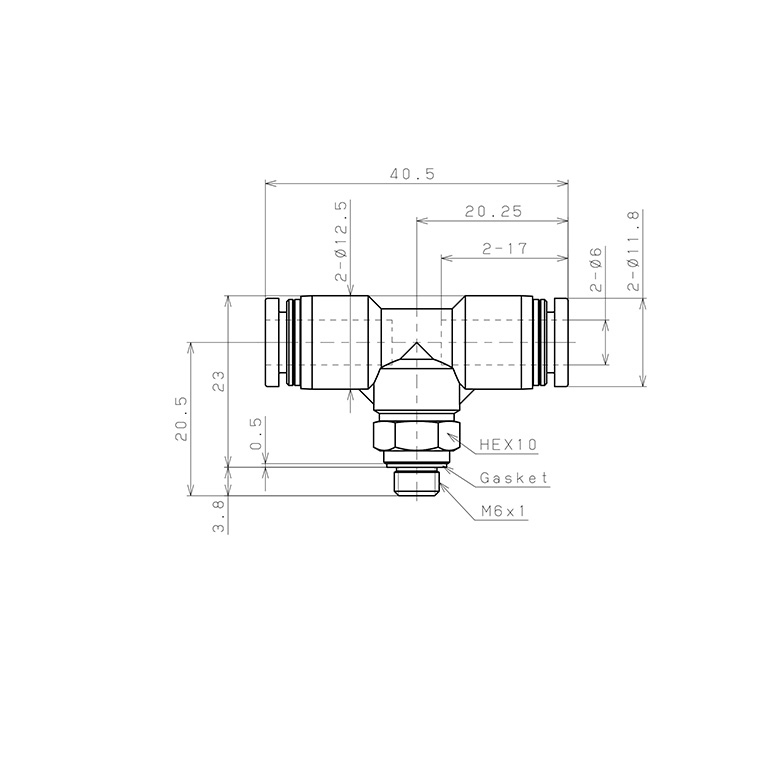 Bản vẽ kỹ thuật Đầu Nối Nhanh Khí Nén Dạng Chữ T Ren Ngoài Pisco PB6-M6W-C