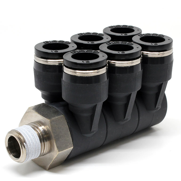 Đầu Nối Nhanh Khí Nén Sáu Nhánh Cong 90° Thân Lục Giác Trụ Ren Ngoài Pisco PAT10-02W