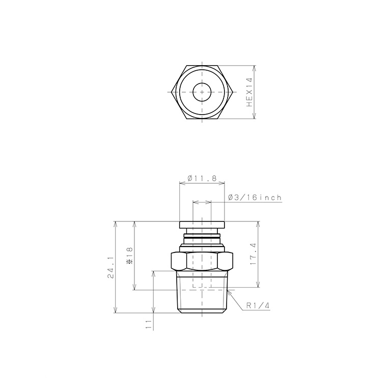 Bản vẽ kỹ thuật Đầu Nối Nhanh Khí Nén Dạng Thẳng Thân Lục Giác Ren Ngoài Pisco PC3/16-02-C