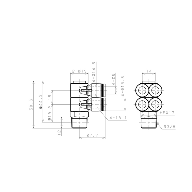 Bản vẽ kỹ thuật Đầu Nối Nhanh Khí Nén Bốn Nhánh Cong 90° Thân Lục Giác Trụ Ren Ngoài Pisco PAW8-03-C