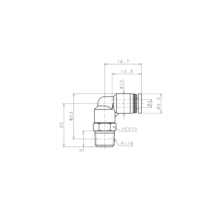 Bản vẽ kỹ thuật Đầu Nối Nhanh Khí Nén Dạng Cong 90° Ren Ngoài Pisco PL4-01W-C