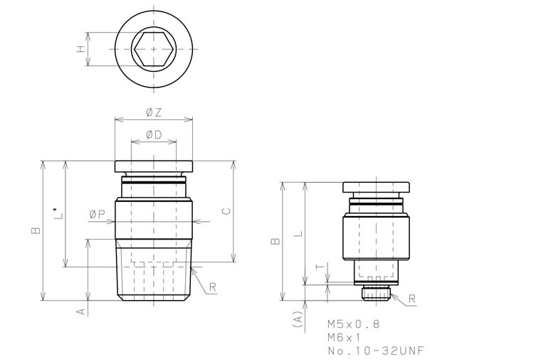 Bản vẽ kỹ thuật Đầu Nối Nhanh Khí Nén Dạng Thẳng Ren Ngoài Pisco POC1/4-N2U