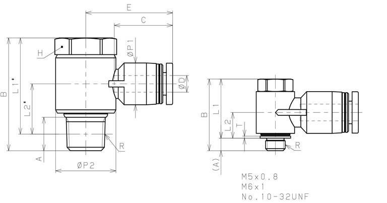 Bản vẽ kỹ thuật Đầu Nối Nhanh Khí Nén Cong 90° Đầu Lục Giác Trụ Ren Ngoài Pisco PH1/4-N2U