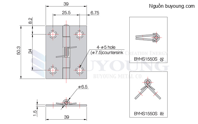 Bản vẽ kỹ thuật Bản lề lò xo 180° inox 304 Buyoung 39x50.3 BYHS1550S-B