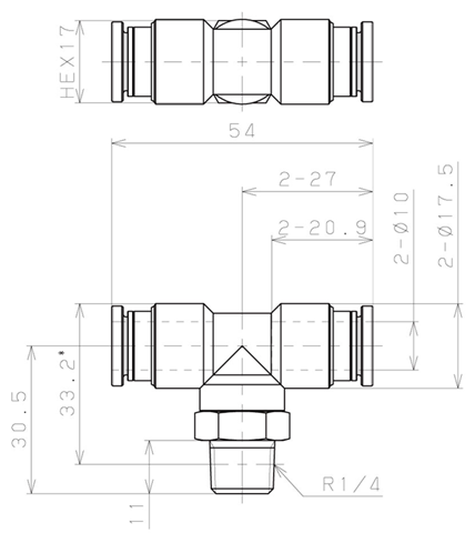 Bản vẽ kỹ thuật Đầu Nối Nhanh Khí Nén Dạng Chữ T Ren Ngoài Pisco KB10-02-1-F